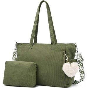 Women Green Corduroy With Polyester Fiber Lining Shoulder Handbag with Pouch
